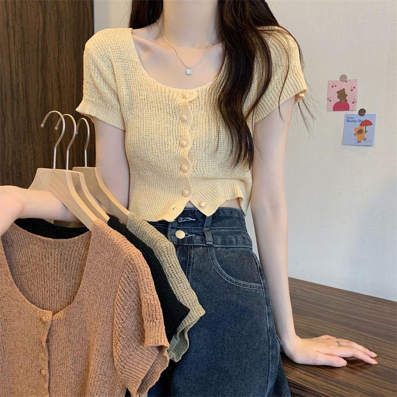 Short Ice Silk Knitted Short Sleeve T-shirt for Women Summer Round Neck Thin Hollow Open Slim Fit Short Shoulder Top