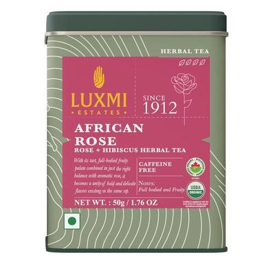 LUXMI Estates African Rose Herbal Tea 50Gm Tin | Certified Organic Tea|Hibiscus,Roses|Decaffeinated|Flavourful|100% Natural, Powder