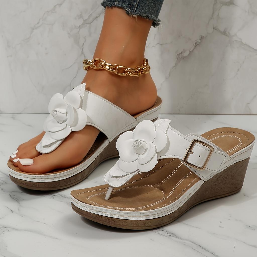 Open-toe Sandals Women'S White Wedge Sandals with Floral Accents Soft Lightweight Fashionable Platform Sandals