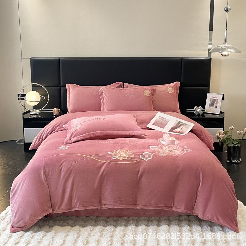Winter Warm Milk Velvet Embroidered Four-Piece Anti-Static Double-Sided Fleece Bedding Set