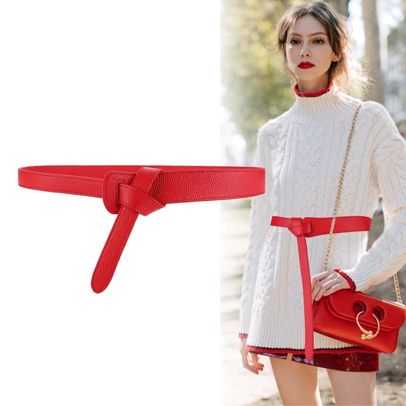 Luxury Female Belt for Women red Bow design Thin PU Leather Jeans Girdles Loop strap belts bownot brown dress coat accessories