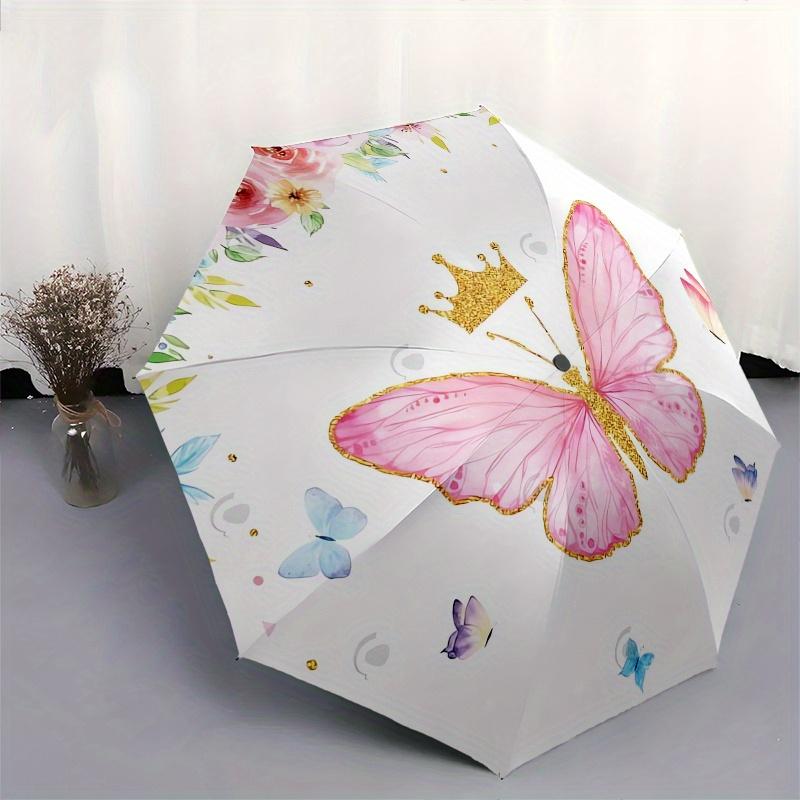 Butterfly Princess Automatic Folding Umbrella  8 Ribs, Durable Iron Frame, Bright Color Pattern Compact Travel Umbrella, Suitable for Outdoo