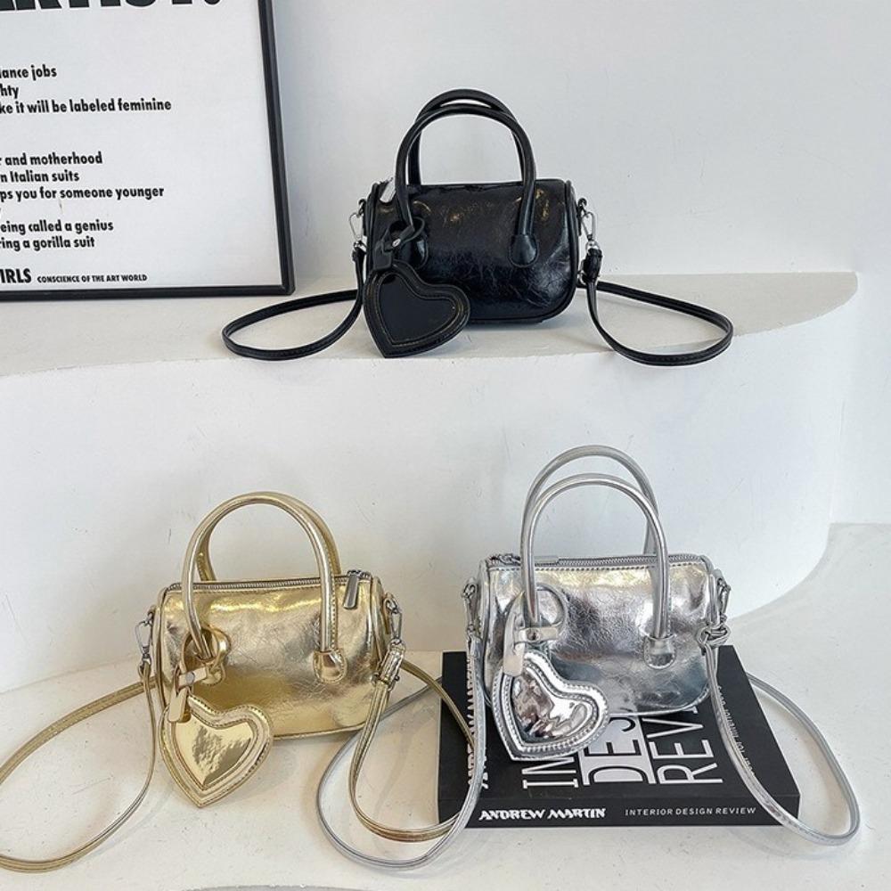 

With Love Pendant Silver Handbag Solid Color Saddle Bag Elegant PU Bowling Bag Streetwear серебряный