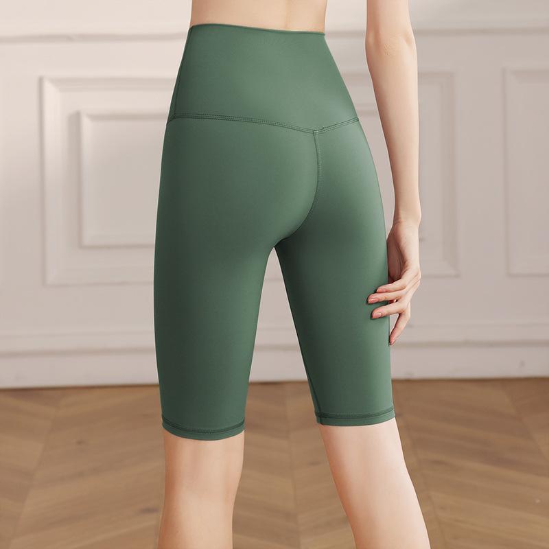 Sports shorts 2025 double-sided brocade nude fitness medium pants high waist slim peach hip sports five-point tight yoga pants women