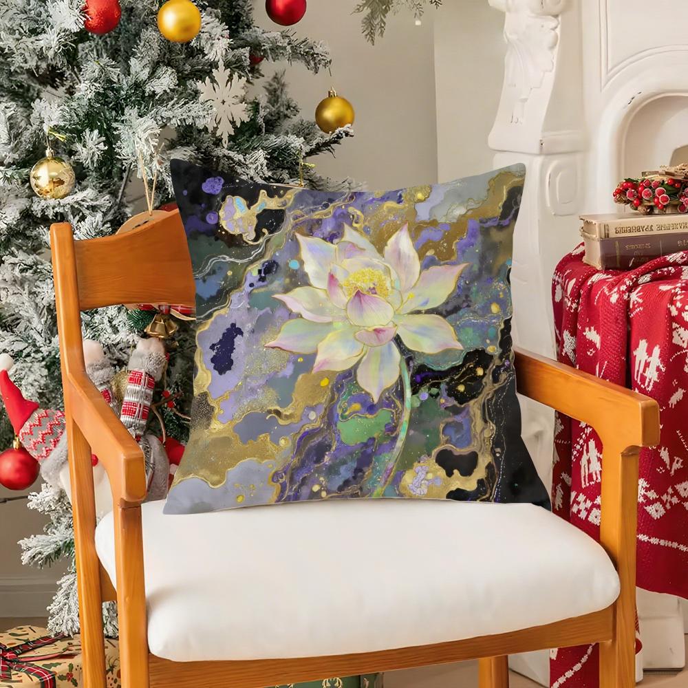 Beautiful Lotus In Summer Pillow Case Silky Short Plush With Invisible Zipper Dustproof Sofa Cushion Cover For Home Decor