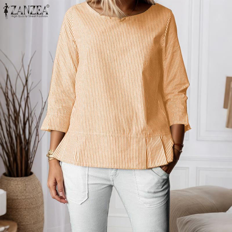 ZANZEA Damen Lässig Rundhals Locker 3/4 Ärmel Streifen Bluse