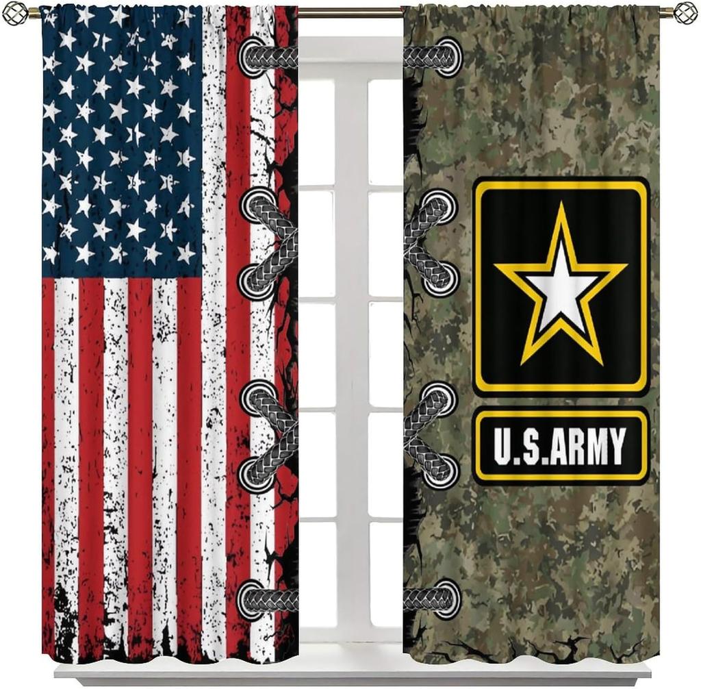 Farmhouse American Flag Curtains Boys Army Green Camo Vintage Stripe Us Print Window Kitchen Bedroom Curtain Polyester Ideal For Sleeping Area