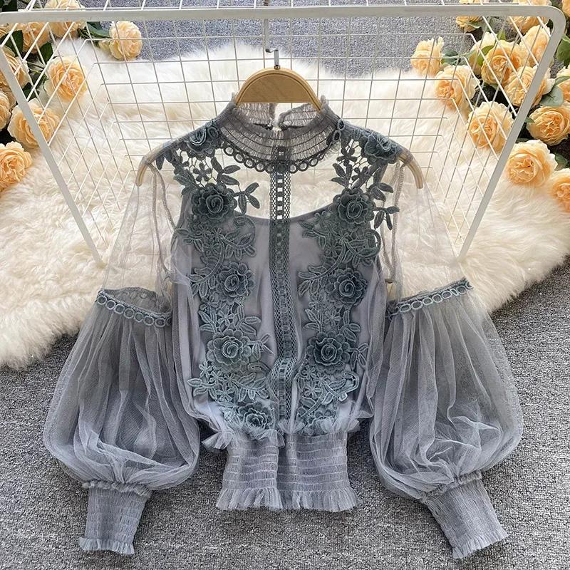 Spitze Puff Langarm Bluse Vintage-Mode Blusen Elegante Femme Blusas Koreanische Frau Tops Frauen Shirts Kleidung Dropshipping