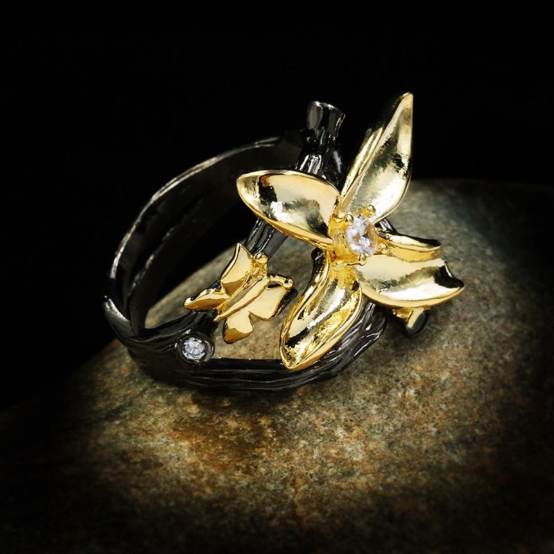 Elegant Exaggerated Big Flower Black Gold Wedding Band Rings for Women Noble  Sterling Silver Bohemia Cocktail Rings Jewelry