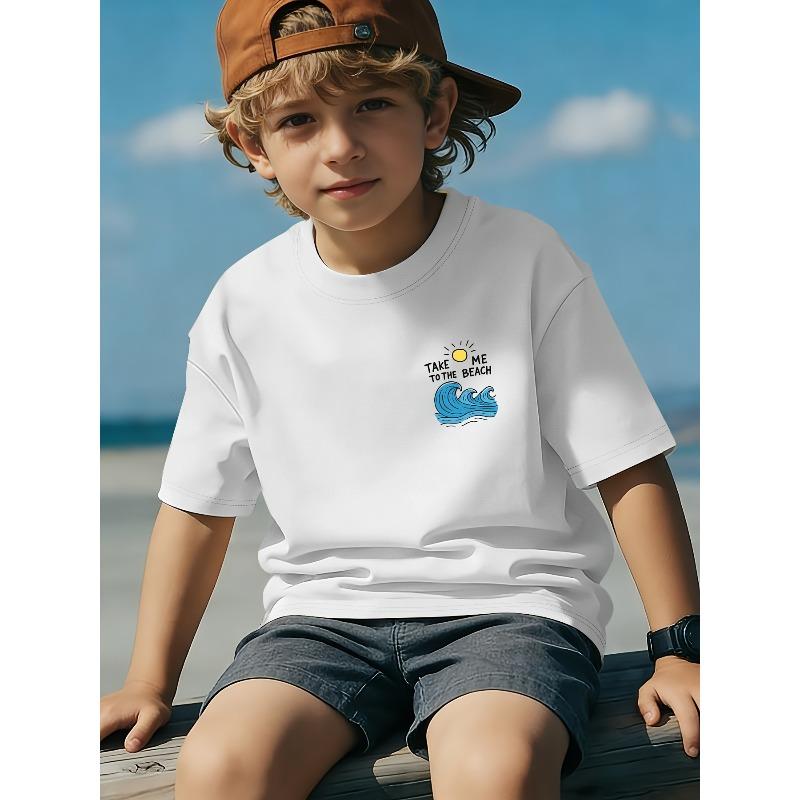 European sizes Boys' Front and Back Print Pure Cotton T-Shirt, "Take Me to the Beach Wave" Print, Comfortable Spring/Summer Daily Crew Neck Casual Top