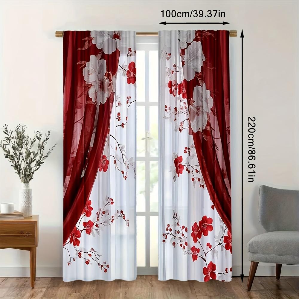 Set aus 2 eleganten roten festlichen Vorhängen mit luxuriösem Blumendruck für Esszimmer, Schlafzimmer, Wohnzimmer mit Stangentasche aus Polyester, ideal für