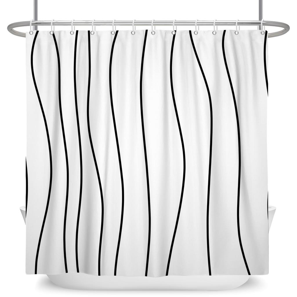 Minimalist Wavy Line Shower Curtain Gradient Design Waterproof Bath Curtain Bathroom Decor Multiple Options Polyester With Hooks