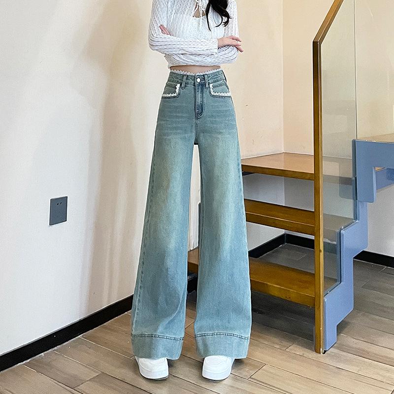 Women s Lace Trim Wide-Leg Denim Pants - Slimming & Versatile for Spring/Autumn XS