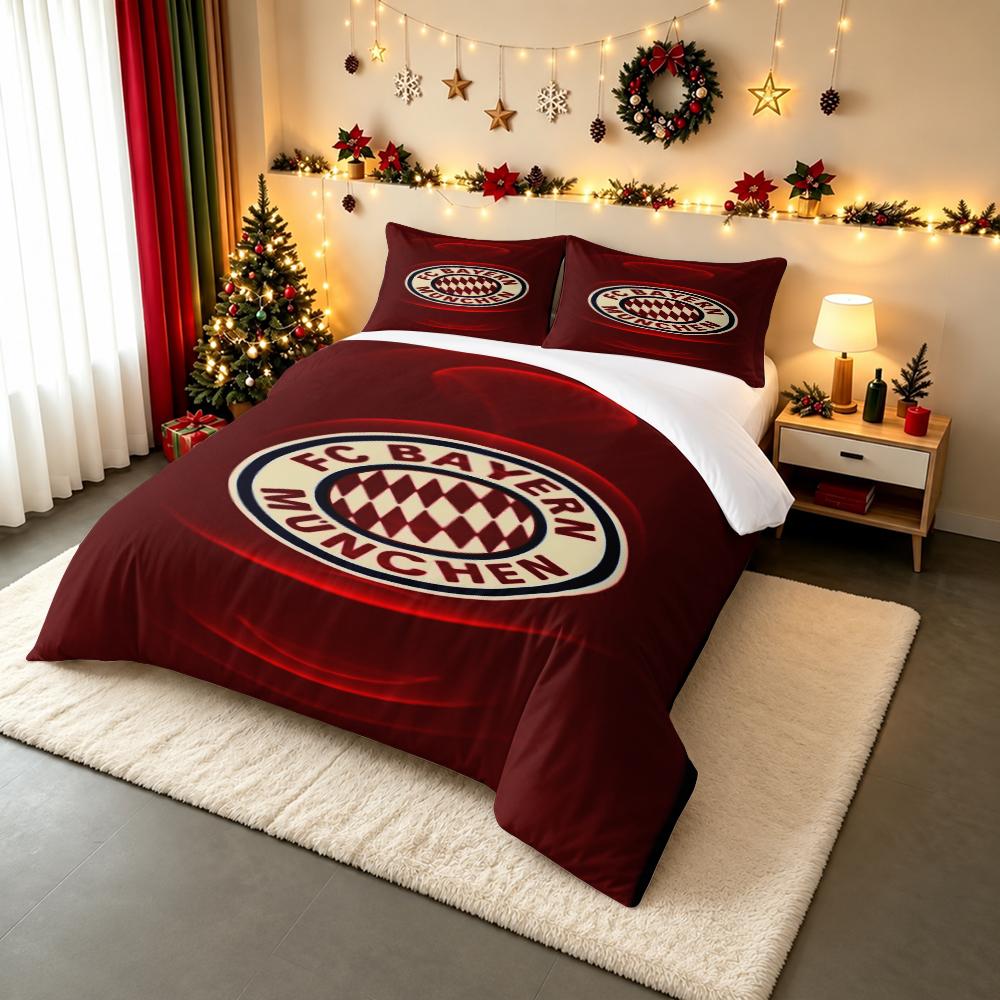 3 Piece Bedding Set with Duvet Cover and 2 Pillowcases - Bayern Munich FC Red Glow Ring Crest Print - Dark Crimson Soccer Decor for Football Fans