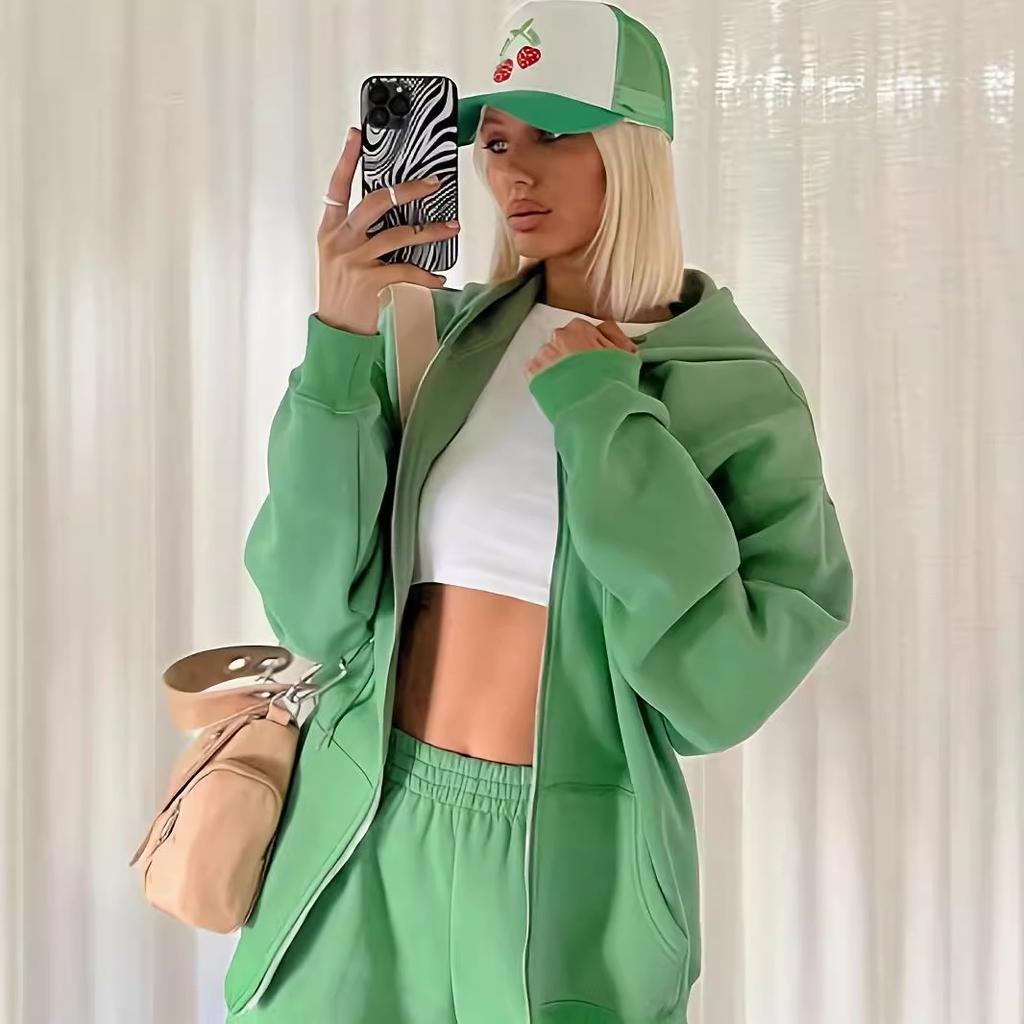 Women's Set Autumn and Winter Casual Sports Solid Color Loose Hooded Sweatshirt Jogging Pants Two-piece Set