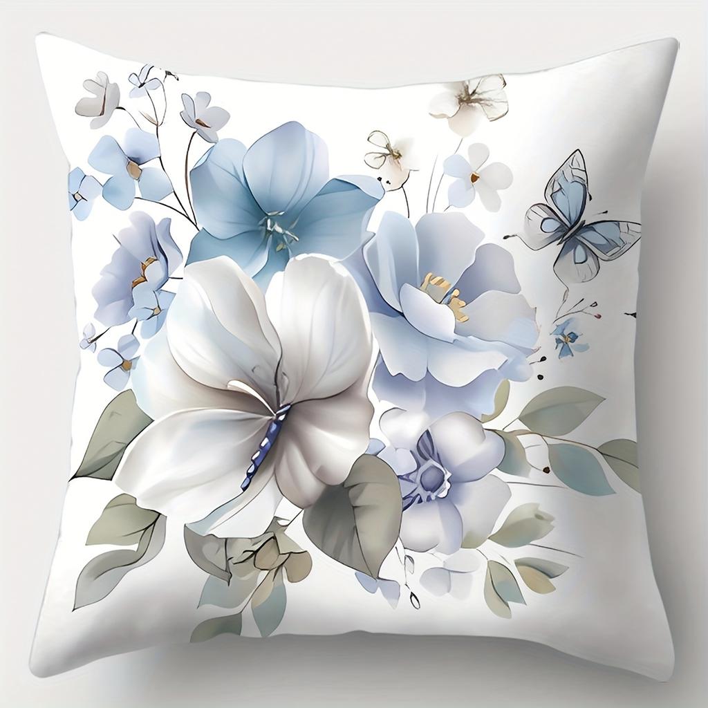 Home Decor Blue Floral And Butterfly Pillow Covers Pattern Cushion Cover Suitable For Sofa Bedroom Car Pillow Cover