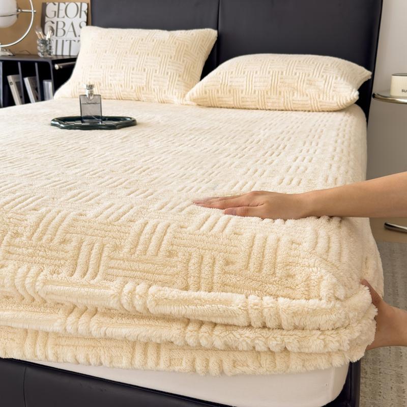 Zimowy welurowy prześcieradło z gumką, wytłaczane, miękkie, ciepłe, koralowy aksamit, pokrowiec ochronny na materac, rozmiar Queen, głęboka kieszeń, elastyczny zestaw prześcieradeł