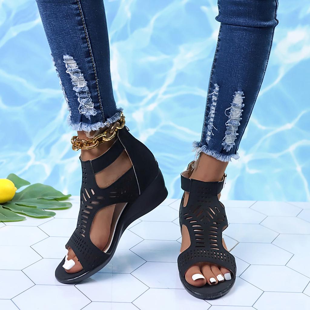 Scarpe Casual Moda Donna Peep Toe Sandali Zeppa Traforati Per Donna Colore Unico Tacco Morbido Sandalias De Mujer Verano 2026