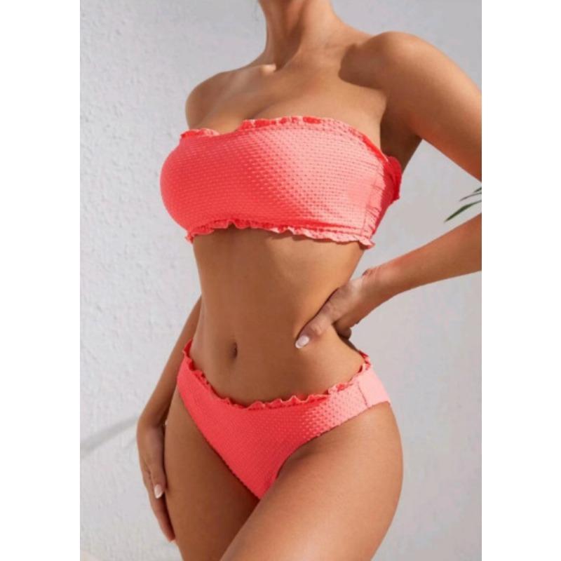 

Коралловый вафельный бандо-бикини с оборками, комплект из двух предметов S красный