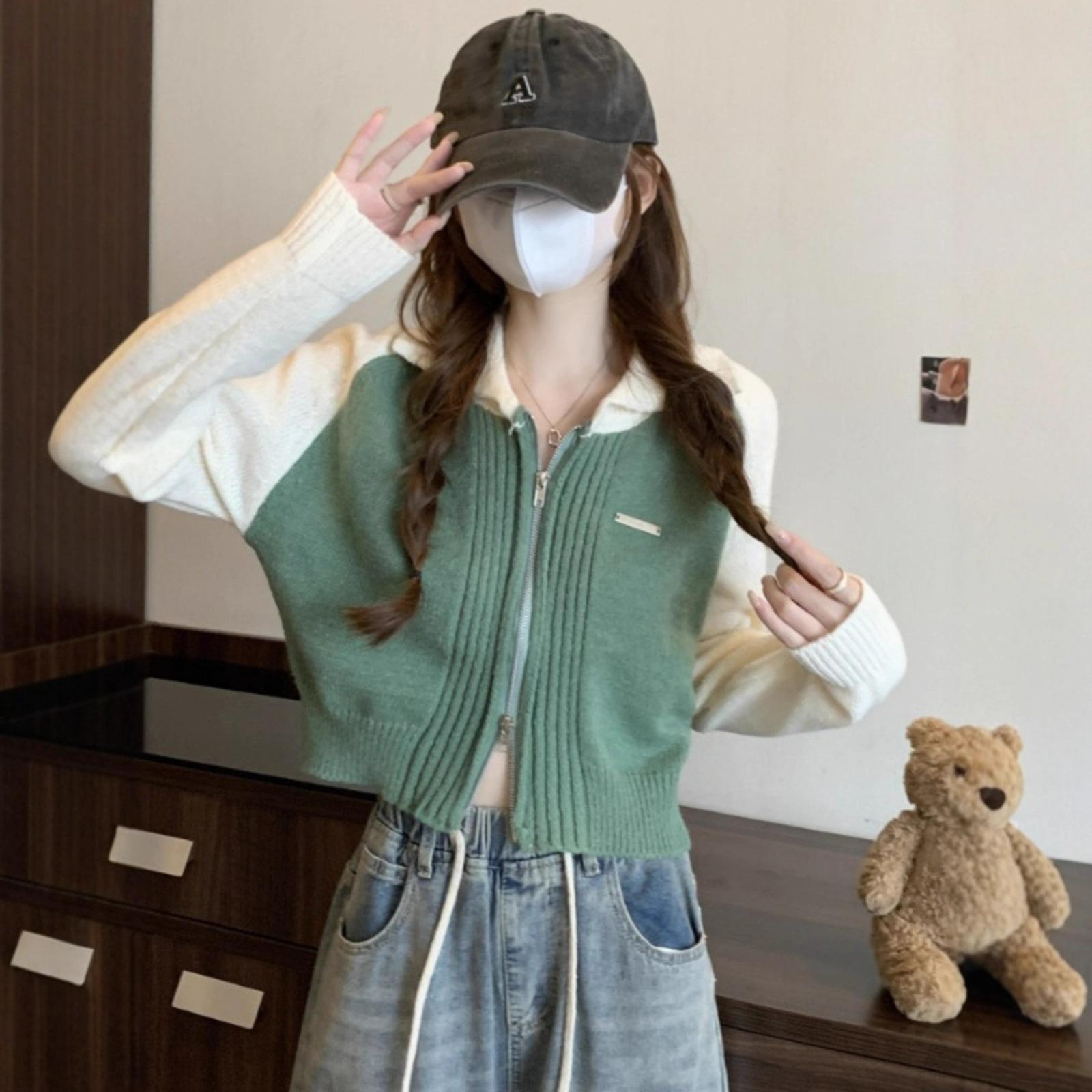 Contrasting color sweater cardigan jacket women s autumn and winter 2025 new small design short knitting one size fits all зелёный