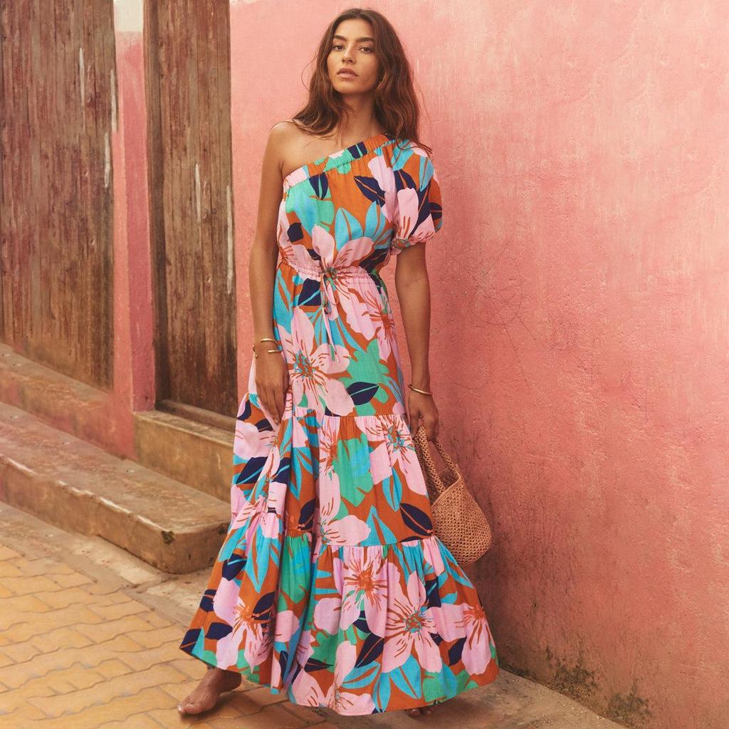 Women Spring Summer Strapless One-Shoulder Print Ankel-Length Dress V-neck High Waist