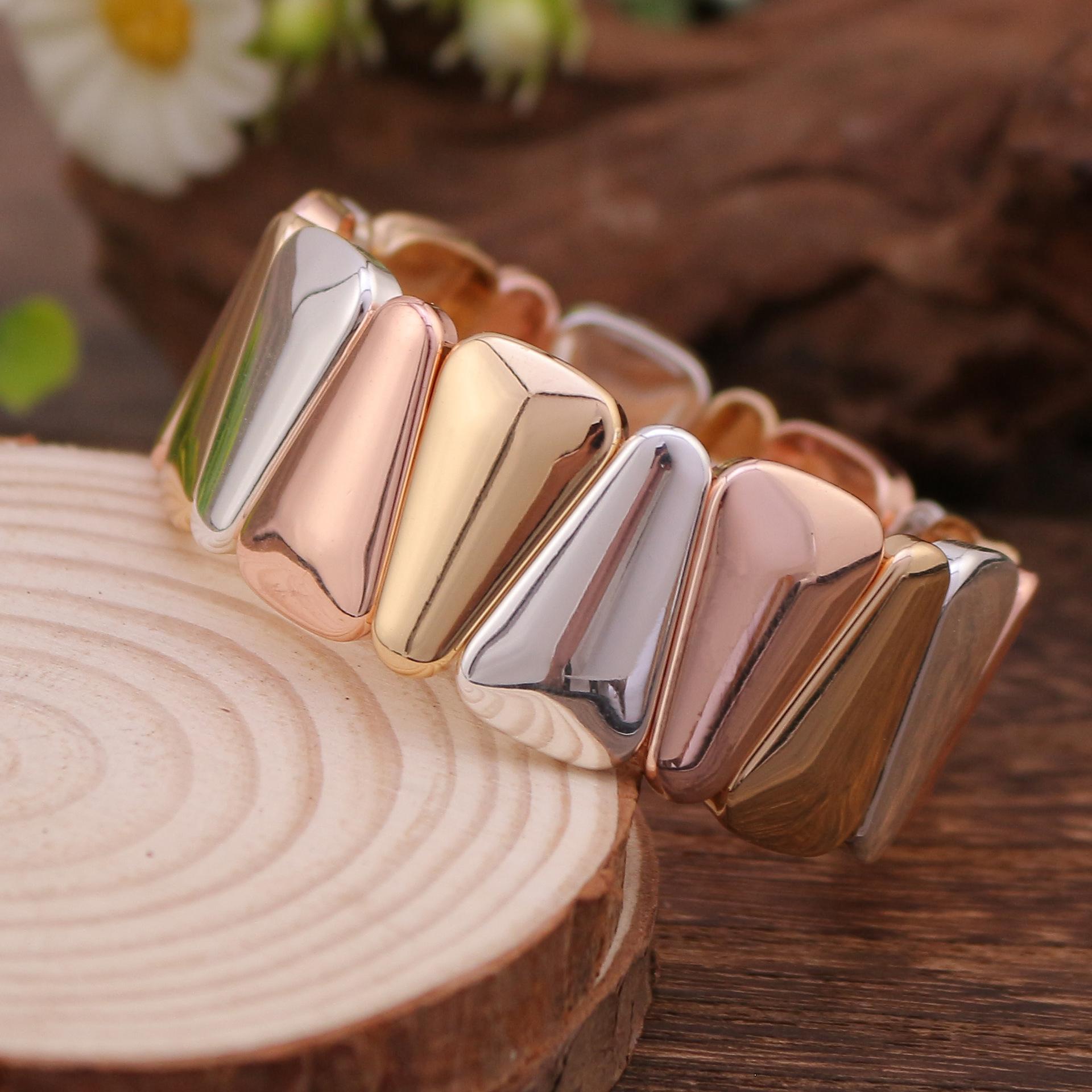 

Трехцветный треугольный сплавной эластичный браслет с пайкой, гальваническое покрытие золото, серебро, розовое золото, панк, мужской и женский браслет elastic adjustable