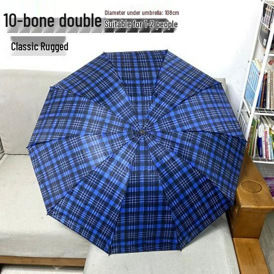 Extra Large Ten-Bone Water-Repellent Plaid Umbrella - British Style for Men & Women, Double/Triple Use