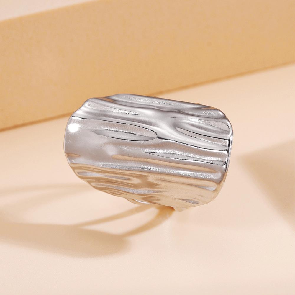 Adjustable Wide Band Geometric Textured Stainless Steel Ring for Women