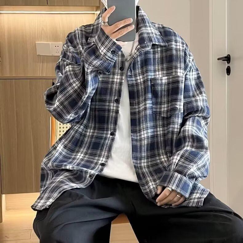 

Japanese Plaid Shirt Men s Long-sleeved Autumn New Versatile Teen Casual Loose Work Shirt Jacket XXXL