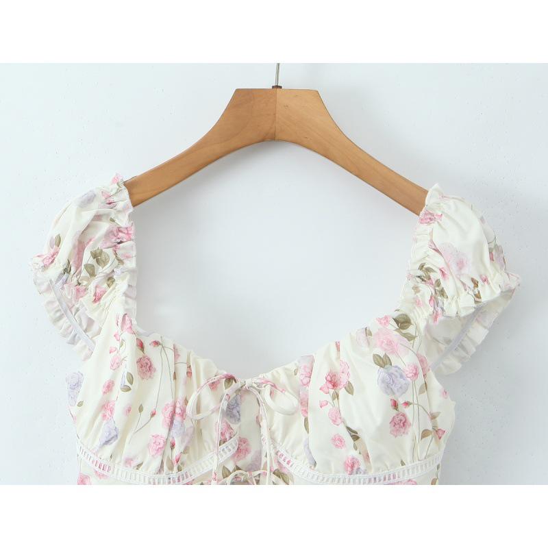 2025 Women's Cross-border European & American Lace-up Printed Smocked Camisole Vest