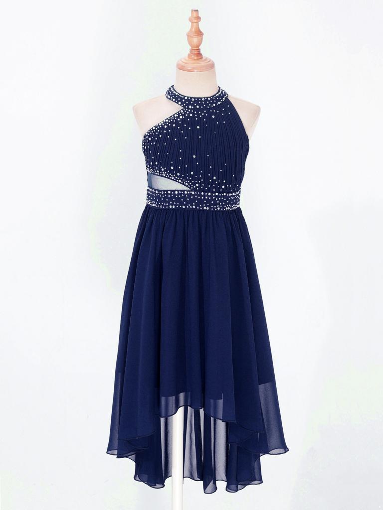 Kids Girls Shiny Rhinestone Party Dress Sleeveless Ruched Chiffon Dress High Waist Elegant Evening Formal Prom Dresses