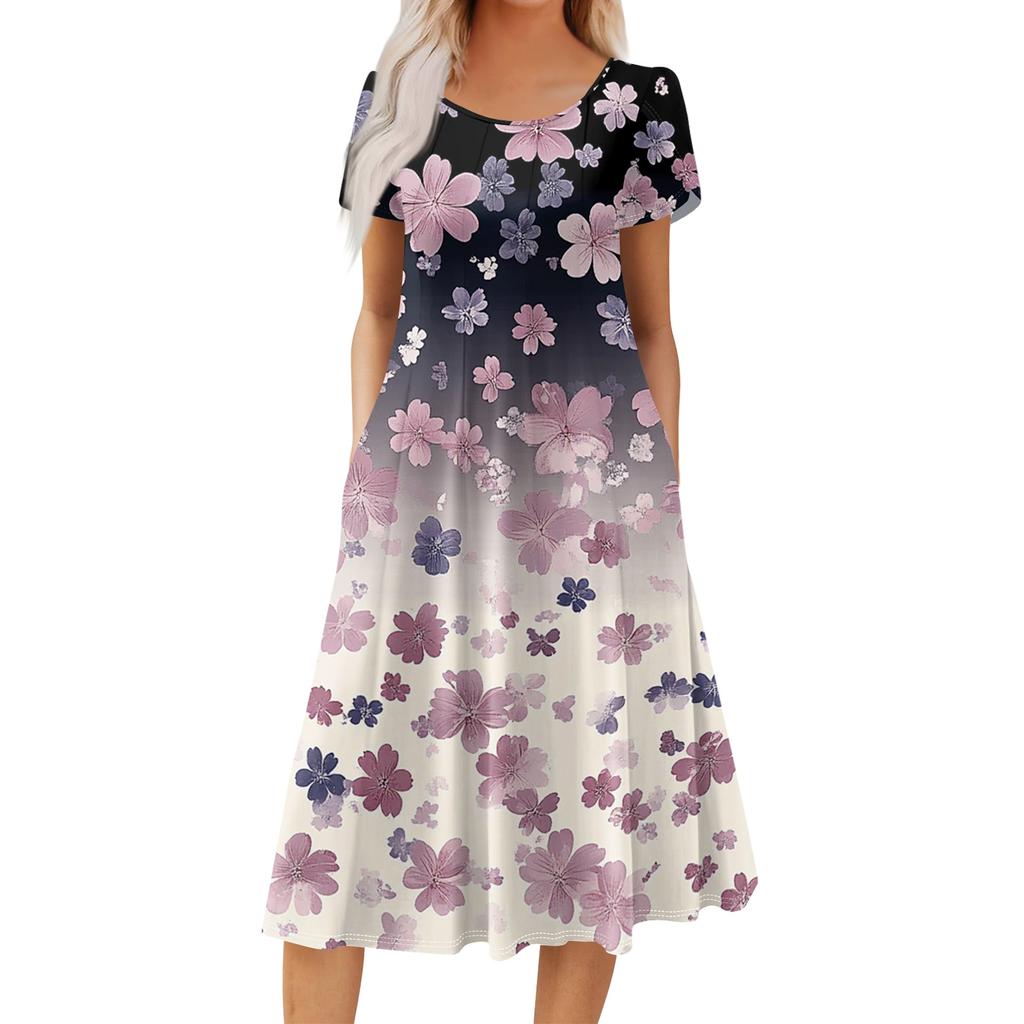 Women's Casual Fashion Round Neck Printed Short Sleeve Pocket Dress