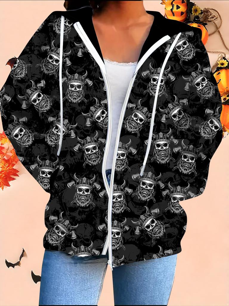Halloween 3D Printed Hooded Cardigan Plus Size Autumn Winter Retro