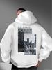 Black and White City Street Scene Back Large Print Loose Hooded Sweater Men and Women Casual Pullover