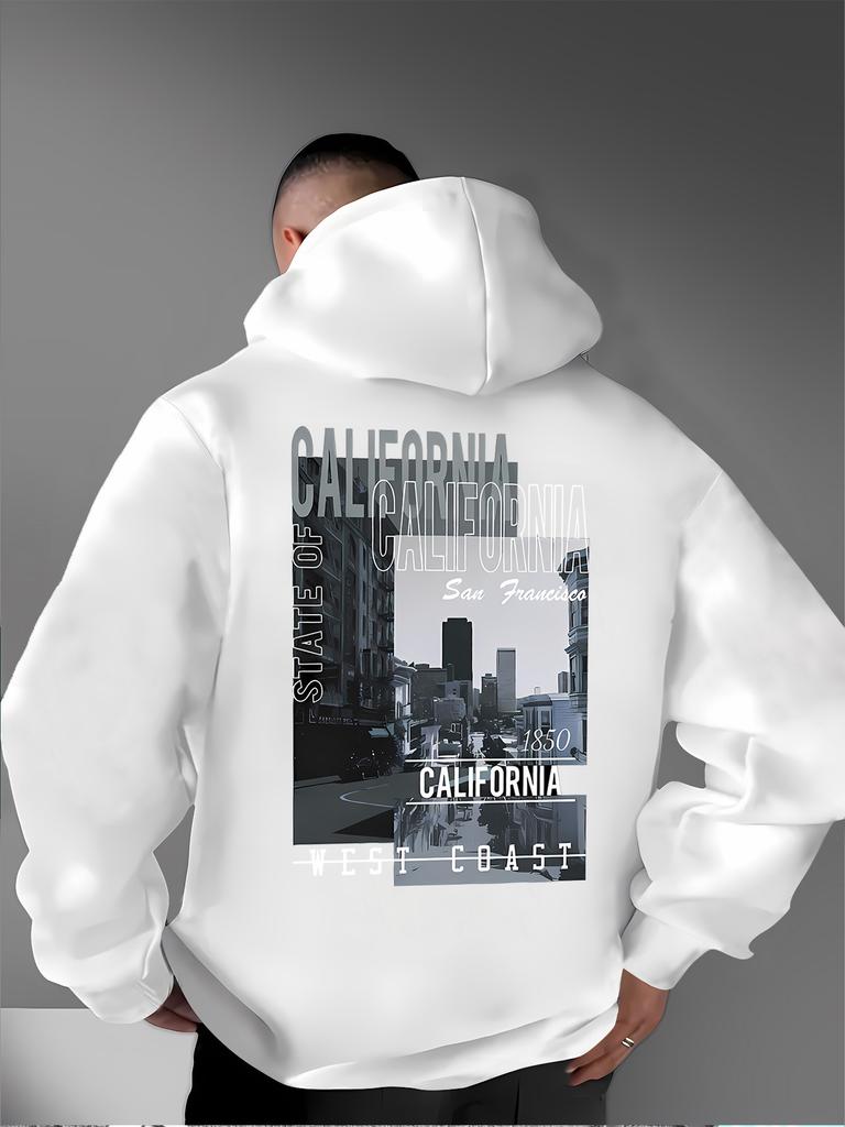 Black and White City Street Scene Back Large Print Loose Hooded Sweater Men and Women Casual Pullover