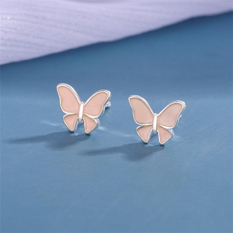 New Fashionable Simple Cute Pink Butterfly 925 Sterling Silver Personality Compact Earrings  E111