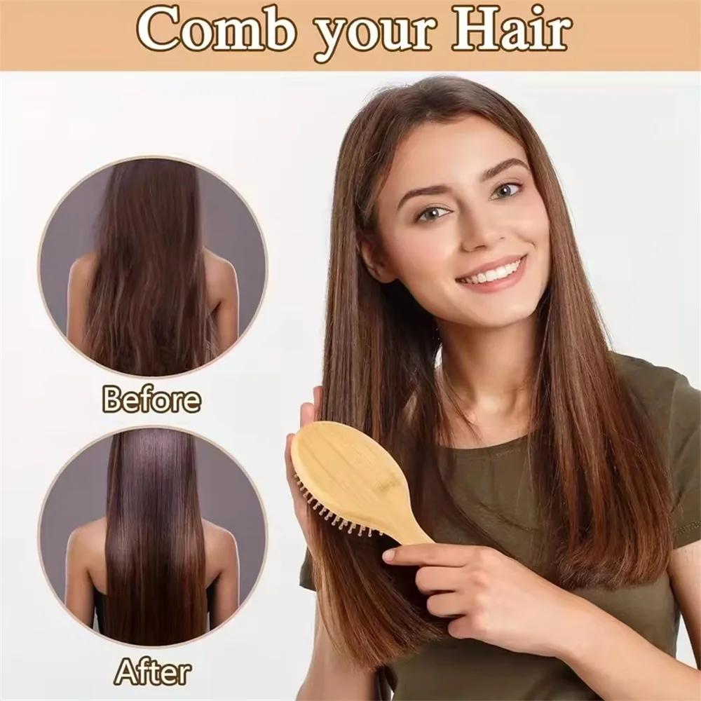 Wooden Bamboo Paddle Hair Brush Natural Air Cushion Scalp Massage Comb Detangling Anti-Static Hairbrush For Real Hair Wig