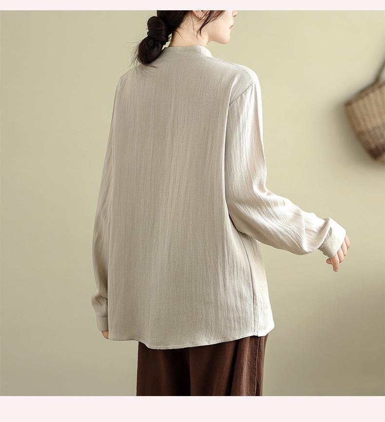 Cotton and Linen Large Size Retro Chinese Embroidered Long-sleeved Shirt Shirt Spring and Autumn Loose All-match Linen Blouse Women