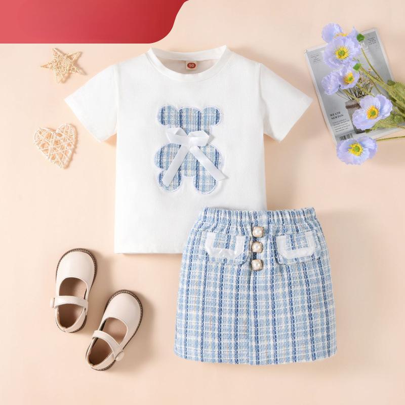 Girls Fashion Set Summer Children's Bear Bow Pullover Short Sleeve T-shirt Skirt Set