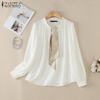 Blusa feminina casual com gola de laço e manga comprida solta
