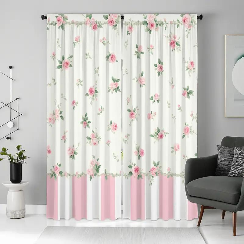 2pcs Floral Elegant Curtains Light Filtering Rod Pocket Living Room Bedroom Decor Pink Rose Pattern Window Treatment
