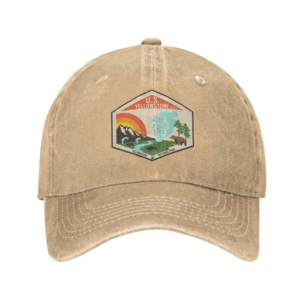 Yellowstone National Park Baseball Cap Distressed Denim Wyoming Mountains Landscape Volcano Snapback Cap Hat