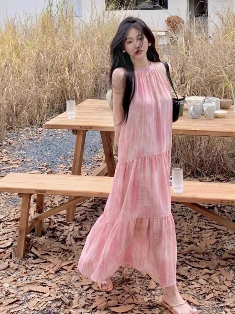 Pink Seaside Vacation Sleeveless Neck Dress Women's Summer High-end Tie-dye Printed Beach Dress Medium and Long Skirt