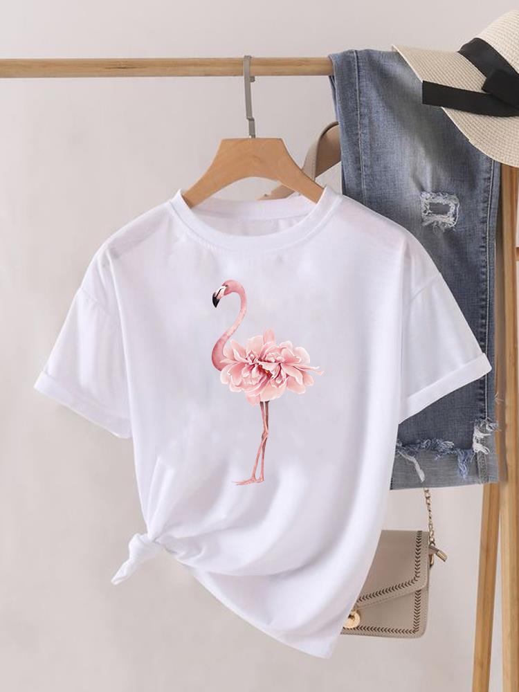 Kwiatek Słodki Trend lat 90. Uroczy Krótki Rękaw Nadruk Moda Graficzny T-shirt Kobiety Top Pani Damska Koszulka Tee Okrągły Dekolt Odzież Ubrania