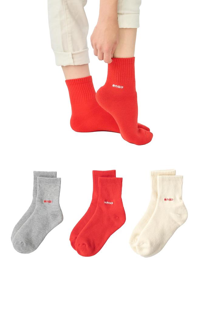 Hokaron Mini Crew Pile Rib with Sizes and Women's Socks, Embroidery, 21.5-24.5cm, 3-Pair Set, Red, Gray, Off-White