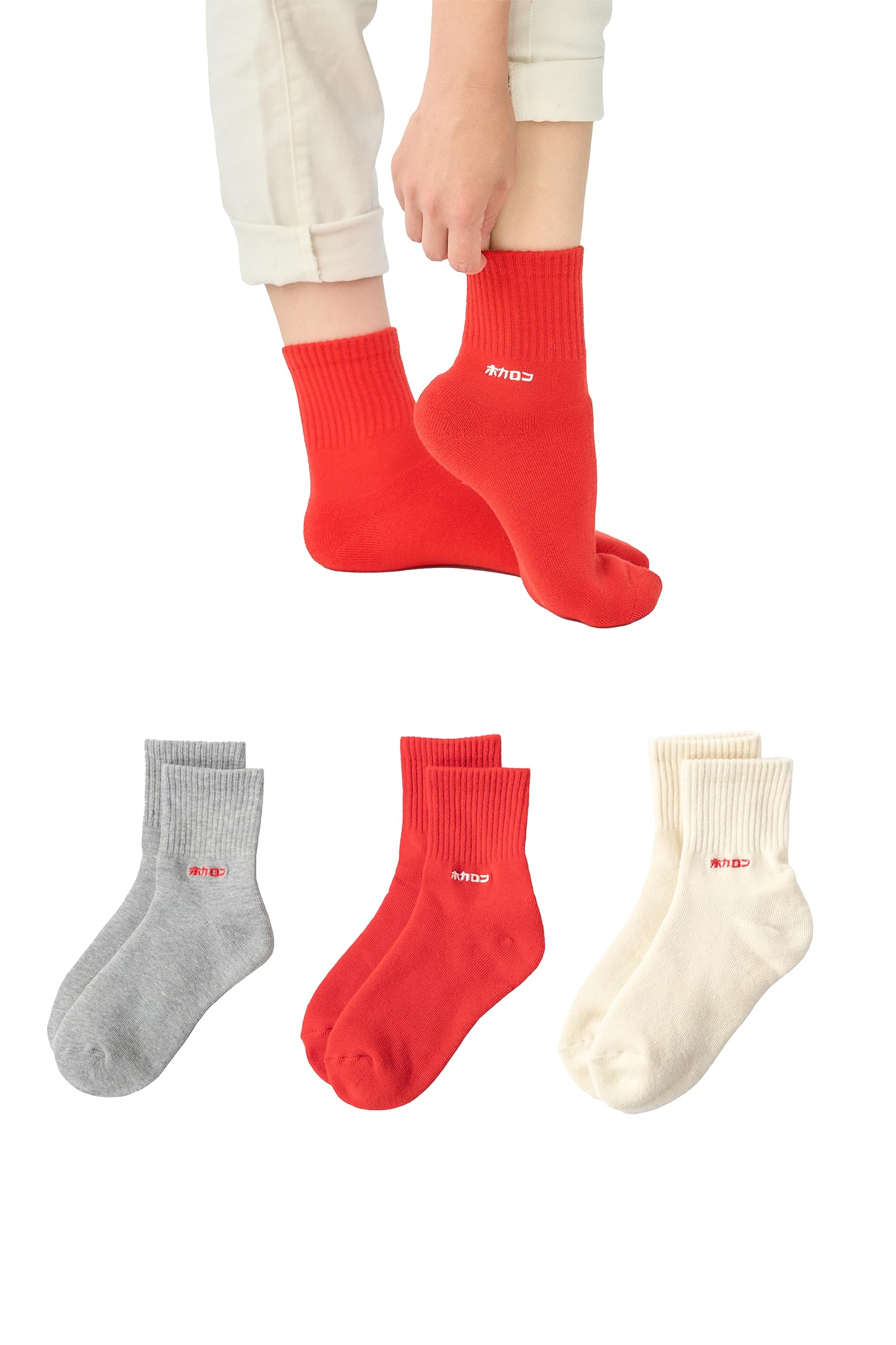 

Hokaron Mini Crew Pile Rib with Sizes and Women s Socks, Embroidery, 21.5-24.5cm, 3-Pair Set, Red, Gray, Off-White