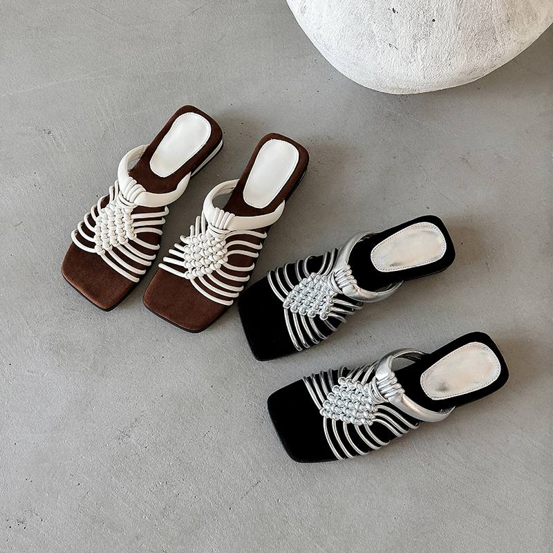 Krazing Pot Straw Weaving Summer Size 40 High Quality Slip on French Chic Thick Heels Women Peep Toe Sandals