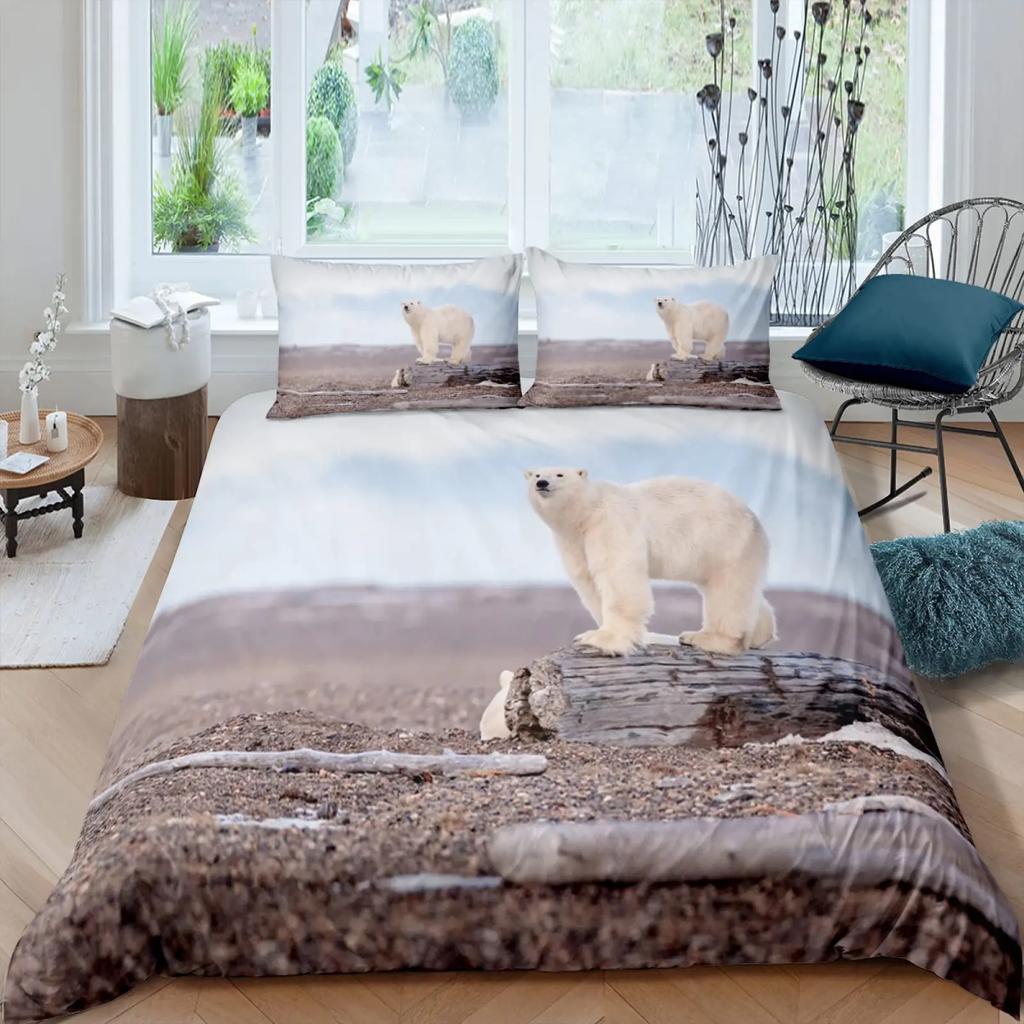 Polar Bear Duvet Cover 3D Lovely White Arctic Animals Kids Teens Women Wildlife Arctic Scenery Theme Quilt Cover Room Decoration