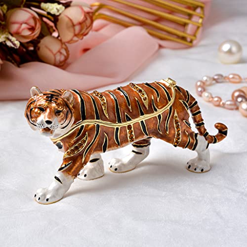 FJ FENGZHIJIE Trinket Box with Hinged Tiger Figurine | Golden Crystal Enamel Wildlife Home Decor | Gift for Tiger Lovers and Wildlife Enthusiasts