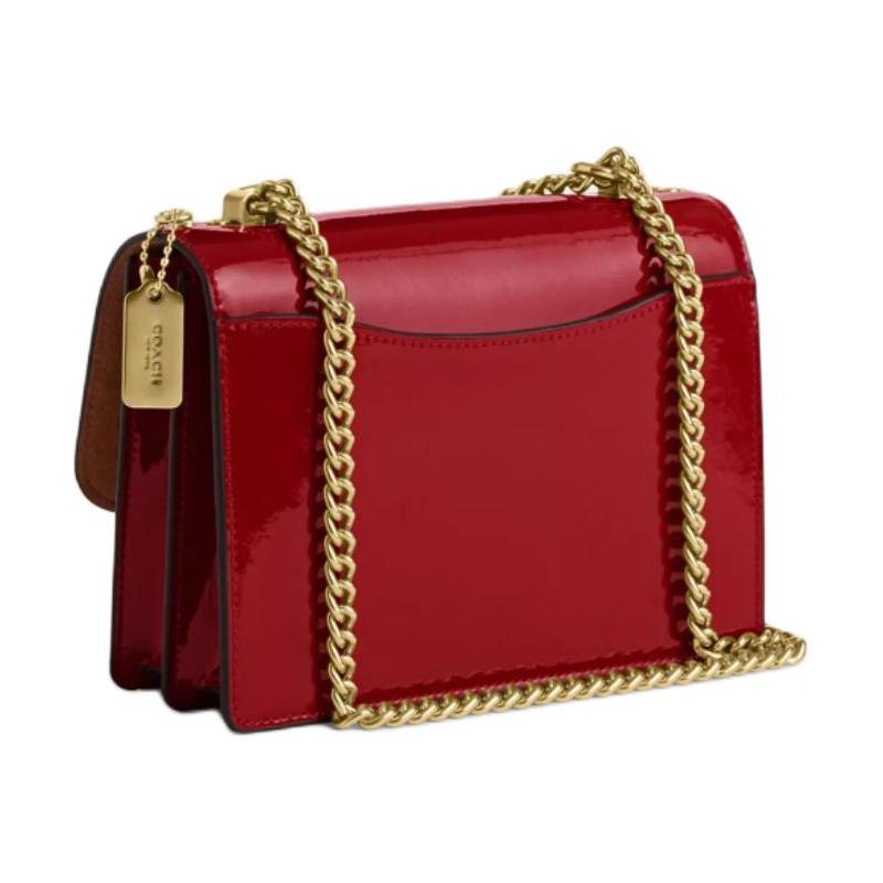 Coach Klare 18 Branded Logo Flap Snap Closure Patent and Leather Crossbody Shoulder Bag Small Women's Gold and Red